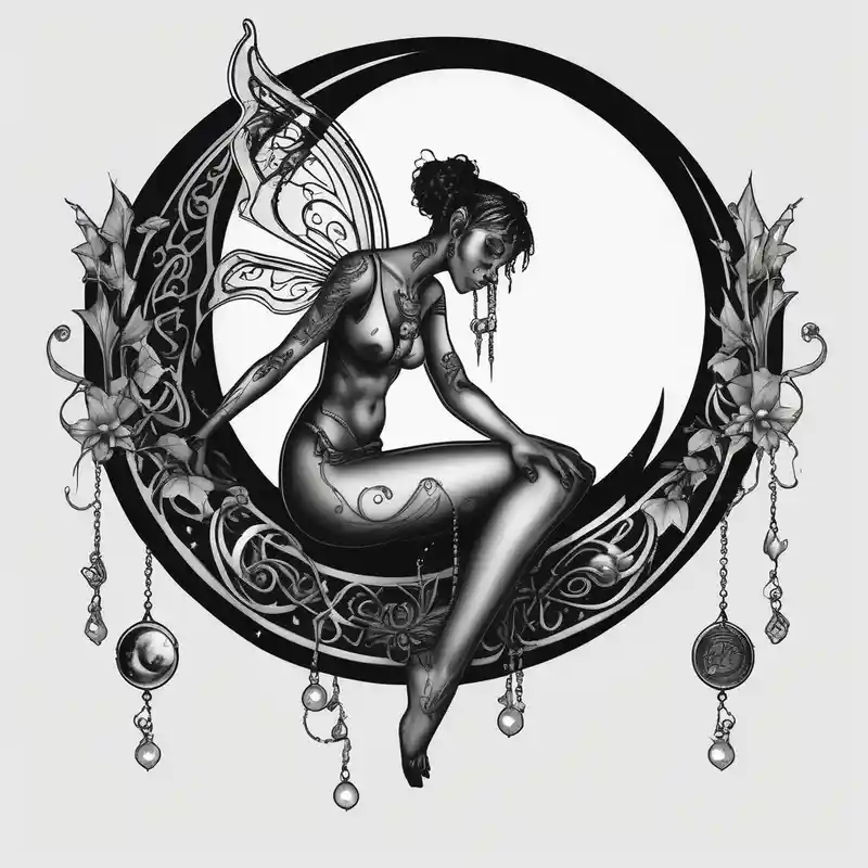 black and white style Moon Tattoo Designs and Meanings about Solid black tattoo of a Fairy sitting on moon with dangles. and Solid black tattoo of a Fairy sitting on moon with dangles.