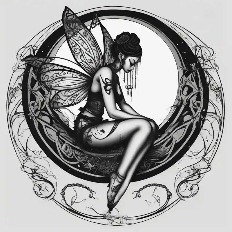 blackwork style Moon Tattoo Designs and Meanings about All black tattoo of a Fairy sitting on moon with dangles. and All black tattoo of a Fairy sitting on moon with dangles.