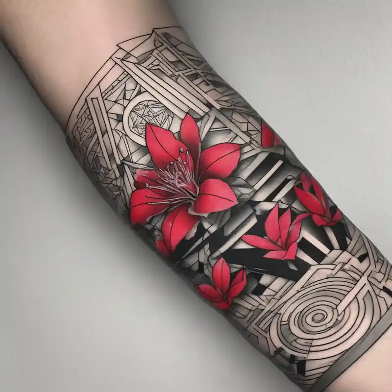 geometric style Tattoo Wrap Tattoo Ideas in 2025 about wrap around entire wrist red  and black rhododendron trippy with Himalayas behind and wrap around entire wrist red  and black rhododendron trippy with Himalayas behind