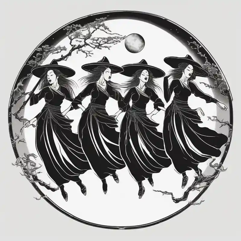 japanese style Moon Tattoo Designs and Meanings about Blackwork tattoo about three witches dancing to the moon and Blackwork tattoo about three witches dancing to the moon