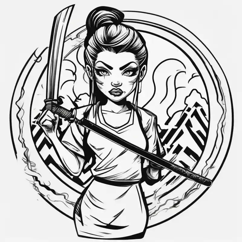 cartoon style Blackwork Tattoo Designs in 2024 about katana blackwork girl looking angry (size printeble) and katana blackwork girl looking angry (size printeble)