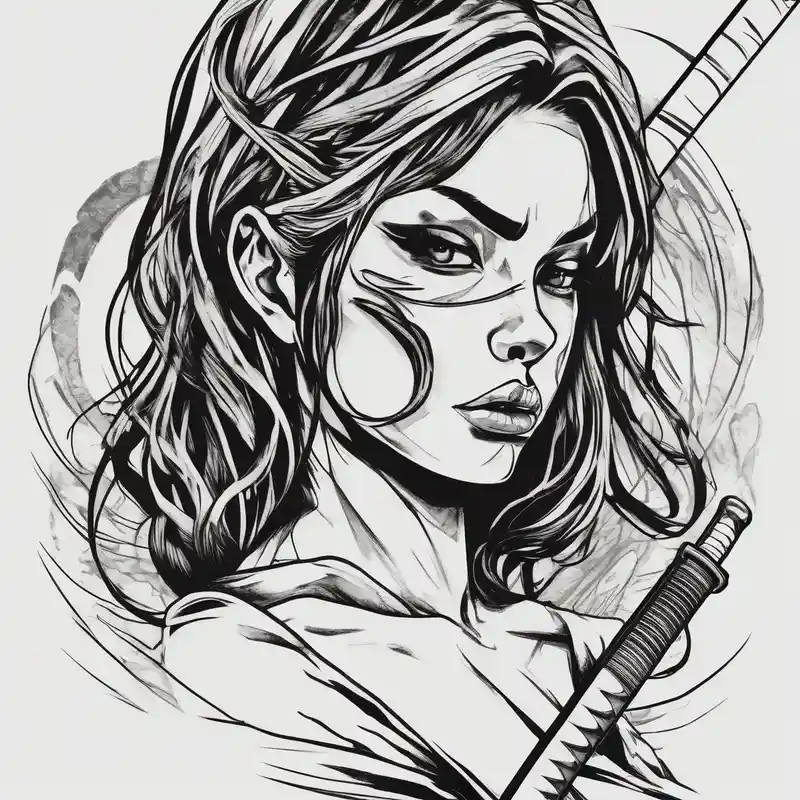 sketch style Designs de Tatouages Blackwork en 2025 &Générer gratuitement about katana blackwork girl looking angry (size printeble) and katana blackwork girl looking angry (size printeble)