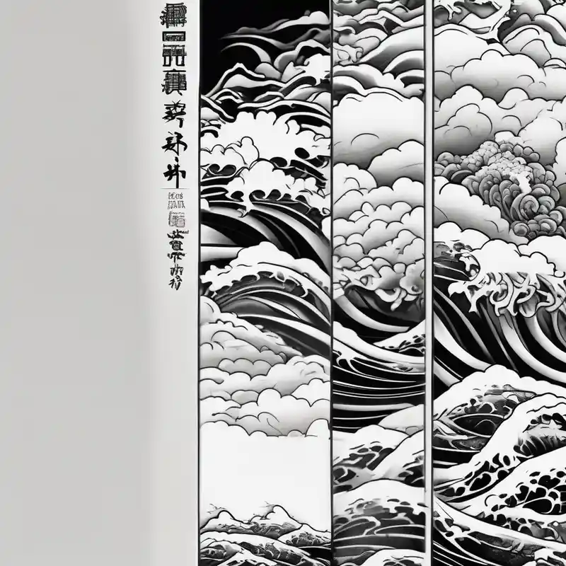 japanese style 2025年のブラックワークタトゥーデザイン about Design a Japanese blackwork full sleeve tattoo for my entire arm and The background should feature Japanese clouds on the top and waves on the bottom