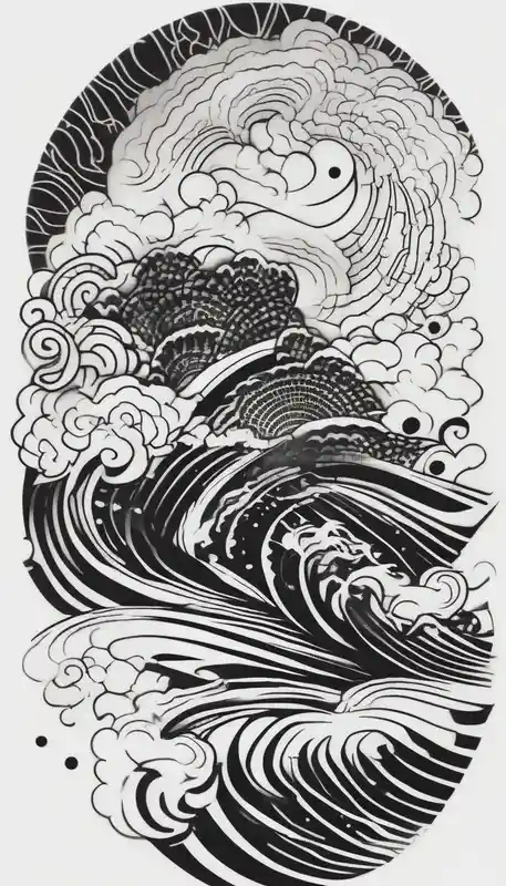 dotwork style Blackwork Tattoo Designs in 2025 & free generation about Design a Japanese blackwork full sleeve tattoo for my entire arm and The background should feature Japanese clouds on the top and waves on the bottom