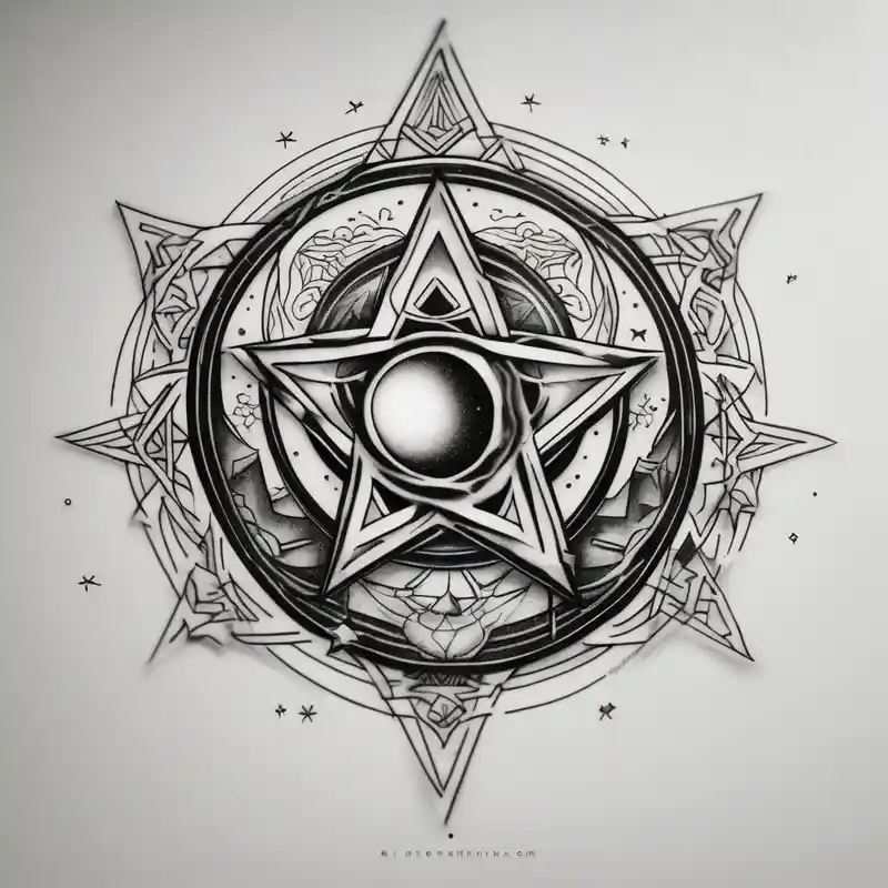 realistic style Sacred Art Tattoo Ideas in 2025 about Blackwork tattoo sketch with moon and star. Sacred geometry tattoo design and mystic symbol. New school dotwork