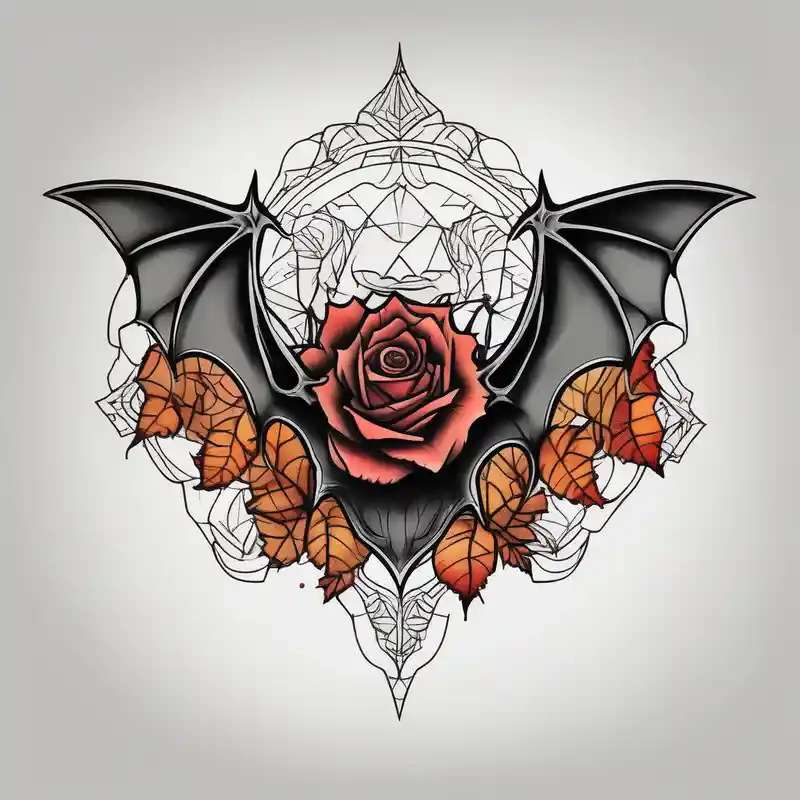 sketch style Designs de Tatouages Blackwork en 2025 &Générer gratuitement about blackwork Bat Knee tattoo in fall colors with a rose and blackwork Bat Knee tattoo in fall colors with a rose