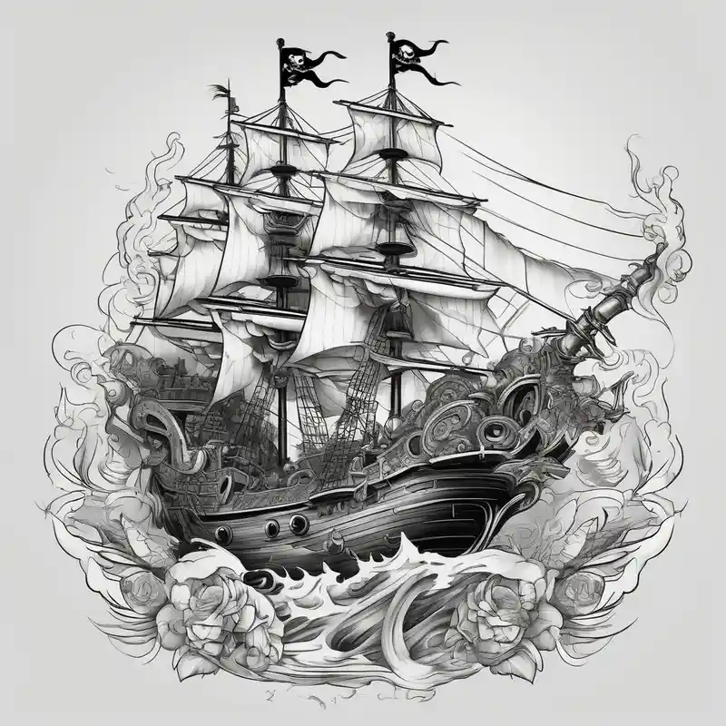 black and white style  about Pirate boat and parrot