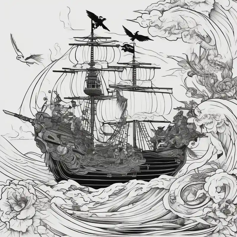 japanese style 2025年のブラスオーバータトゥーアイデア about Pirate boat and parrot