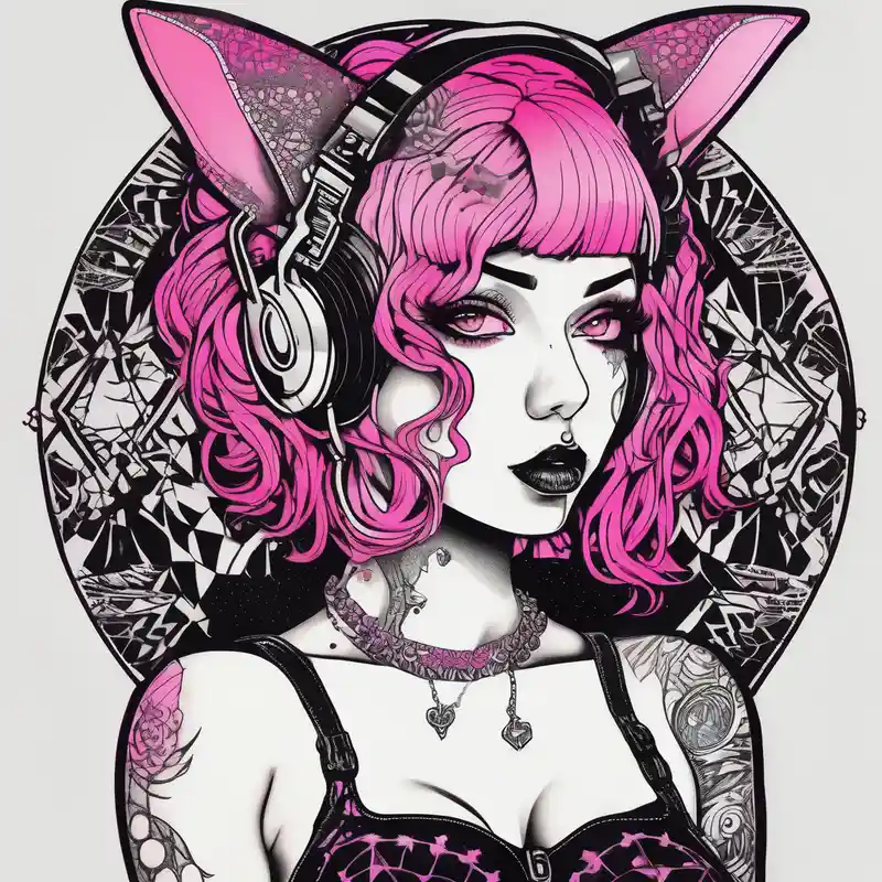 dotwork style Tattoo and Piercing Shop Tattoo Ideas in 2025 about hot goth girl with puppy ears and with piercings on face and big boobs and big butt with black outfit on with pink hair and hot goth girl with puppy ears and with piercings on face and big boobs and big butt with black outfit on with pink hair