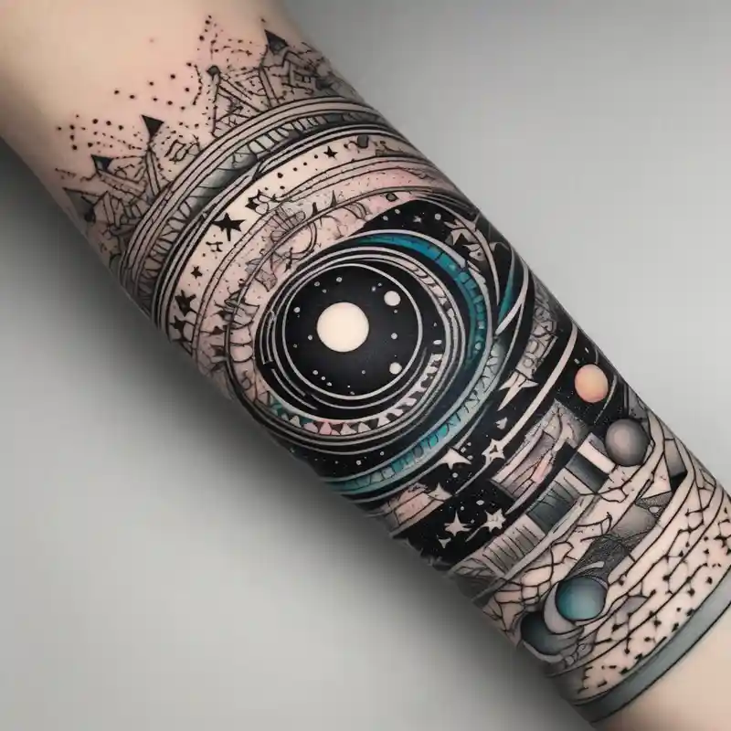 blackwork style 2025年のブレスレットタトゥーアイデア about A bracelet tattoo with astronomy theme and A bracelet tattoo with astronomy theme