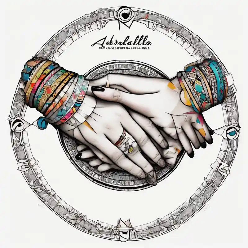 geometric style 2025年のブレスレットタトゥーアイデア about three baby hands and arms holding each other arm in a circle. Each wrist has a bracelet on it and with the names Arabella