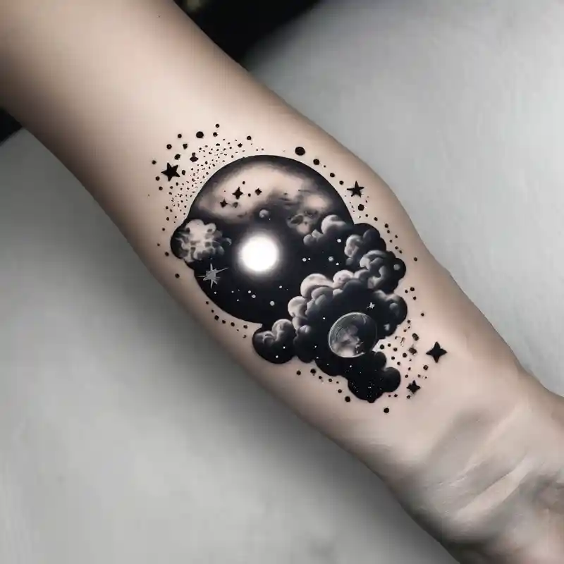 black and white style Ideas de tatuajes de pulsera en 2025 about A wrist tattoo in a format of a cloud with the bracelet orientation and inside of this cloud I want galaxy stars and planets and A wrist tattoo in a format of a cloud with the bracelet orientation and inside of this cloud I want galaxy stars and planets