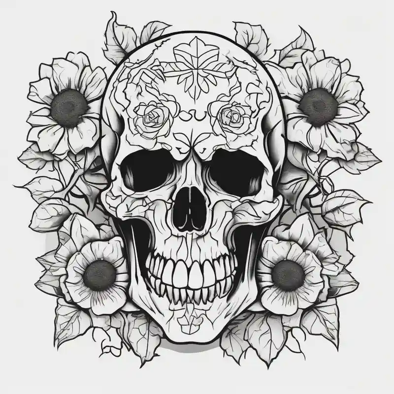 cartoon style Idées et Designs de Tatouages de Fleurs en 2025 &Générer gratuitement about ornate skull adorned with wild roses and sunflowers bull-skull and ornate skull adorned with wild roses and sunflowers bull-skull