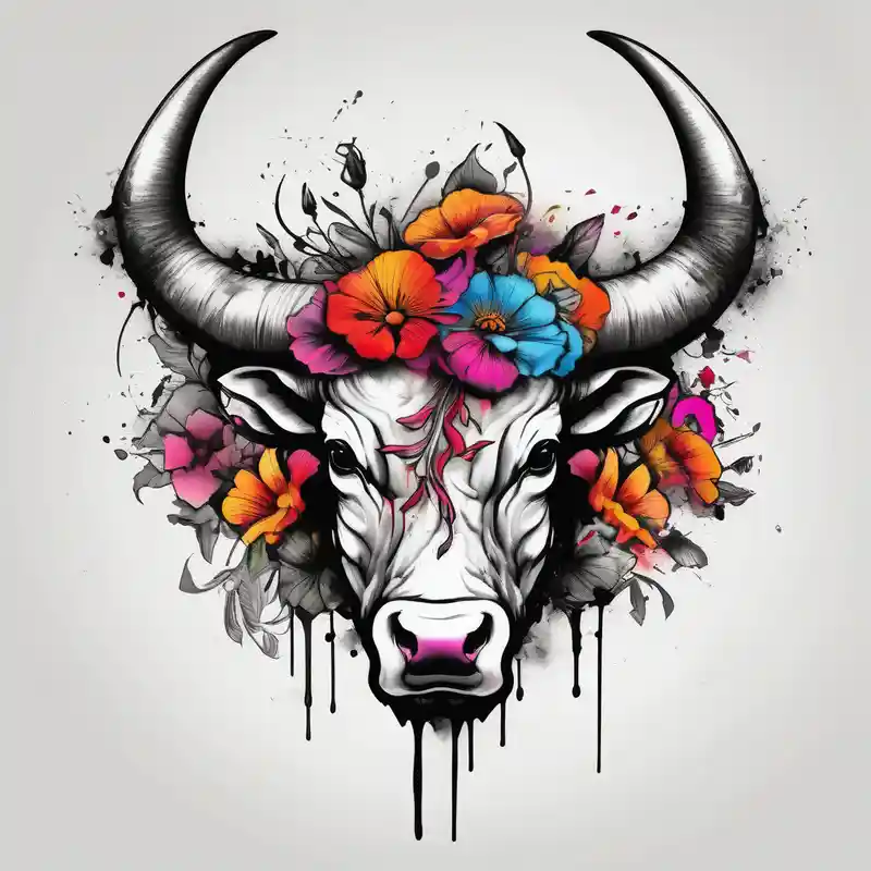 watercolor style Idées de tatouages de crâne de taureau en 2025 about Just bull horns 
with flowers bull-skull and Just bull horns 
with flowers bull-skull