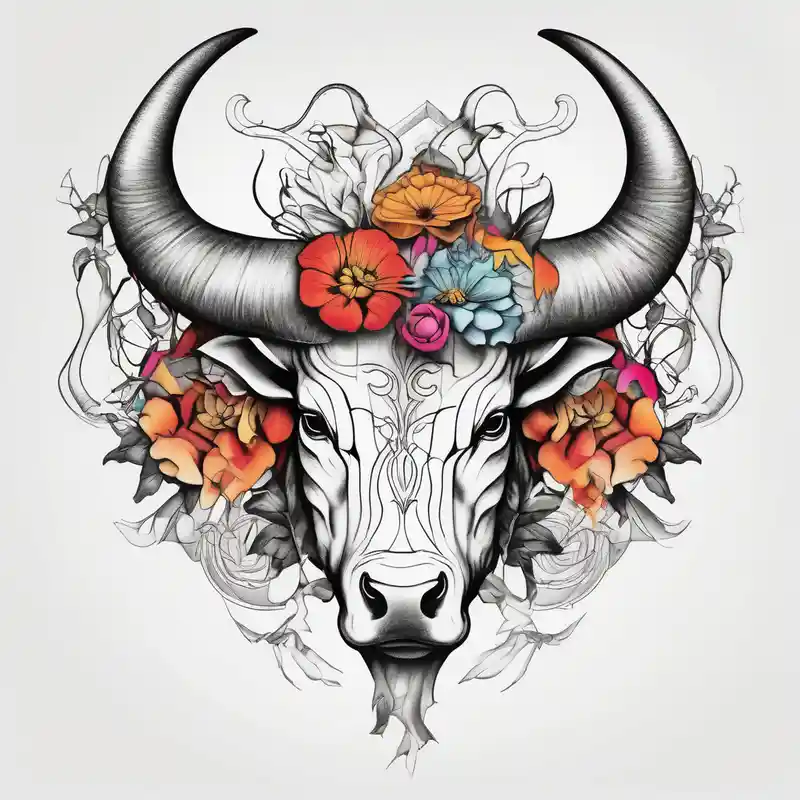 surreal style 2025年の牛の頭骨タトゥーのアイデア about Just bull horns 
with flowers bull-skull and Just bull horns 
with flowers bull-skull