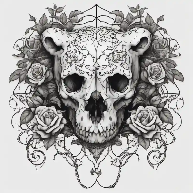 surreal style Ideas de tatuajes de cráneos de toro en 2025 about gothic bear skull intertwined with climbing roses and thorny vines bull-skull and gothic bear skull intertwined with climbing roses and thorny vines bull-skull