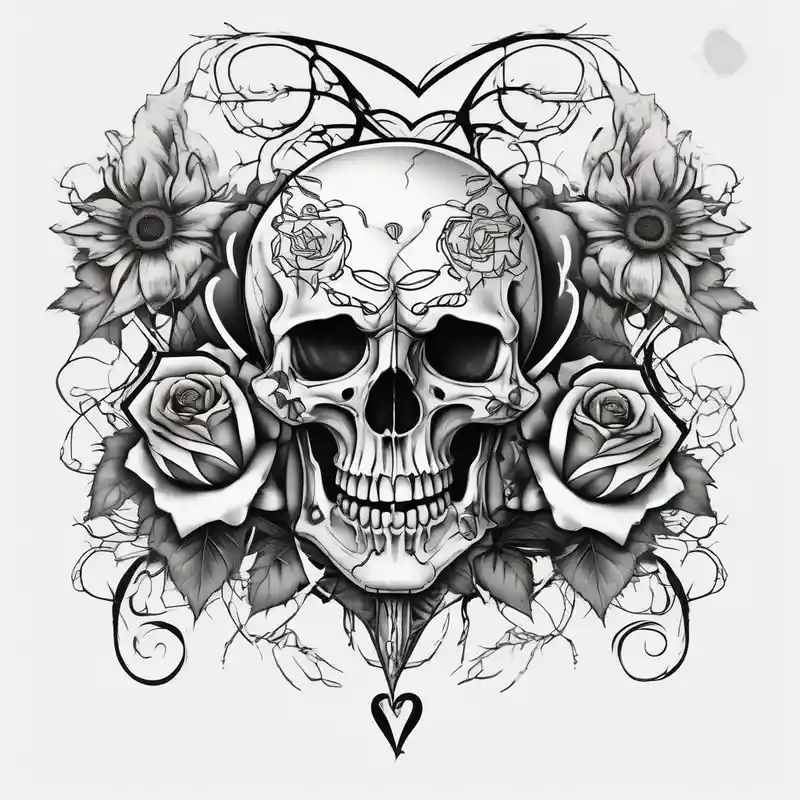 surreal style Bull Skull Tattoo Ideas in 2025 about Skull and heart and dagger with roses and sunflowers bull-skull