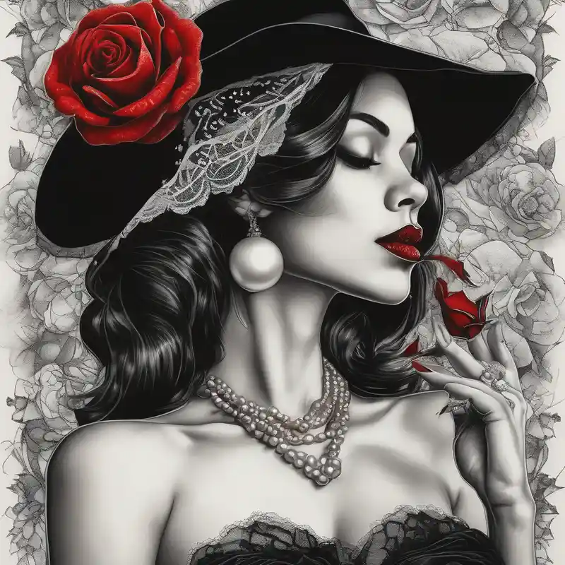 realistic style Rose Tattoo Stencil Ideas in 2025 about Black and white profile of woman with chin pressed on hand and hate with lace covering her eyes