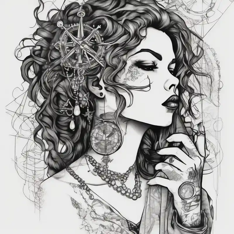 sketch style Butterfly Tattoo Stencil Ideas in 2025 about Profile of woman with messy hair and hand on chin