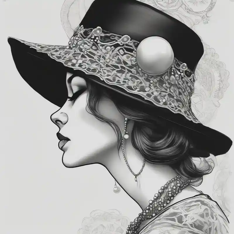 sketch style Ear Tattoo Designs Male Tattoo Ideas in 2025 & free generation about Black and white profile of woman with chin pressed on hand and hat with lace covering her eyes as she looks to the distance