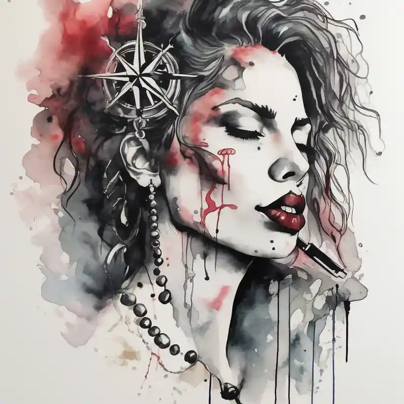 watercolor style Compass Tattoo Designs and Meanings about Profile of woman with messy hair and hand on chin