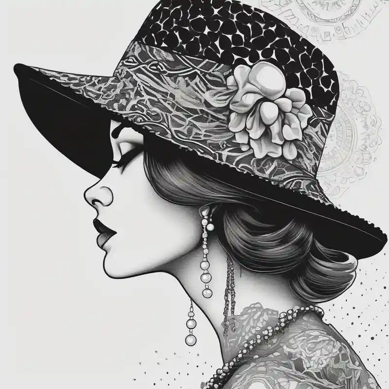 dotwork style Cover Up Tattoo Ideas in 2025 & free generation about Black and white profile of woman with chin pressed on hand and hat with lace covering her eyes as she looks to the distance