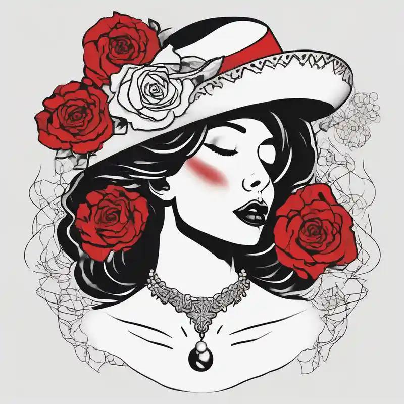 minimalist style Black Tattoo Ink Tattoo Ideas in 2025 about Black and white profile of woman with chin pressed on hand and hate with lace covering her eyes