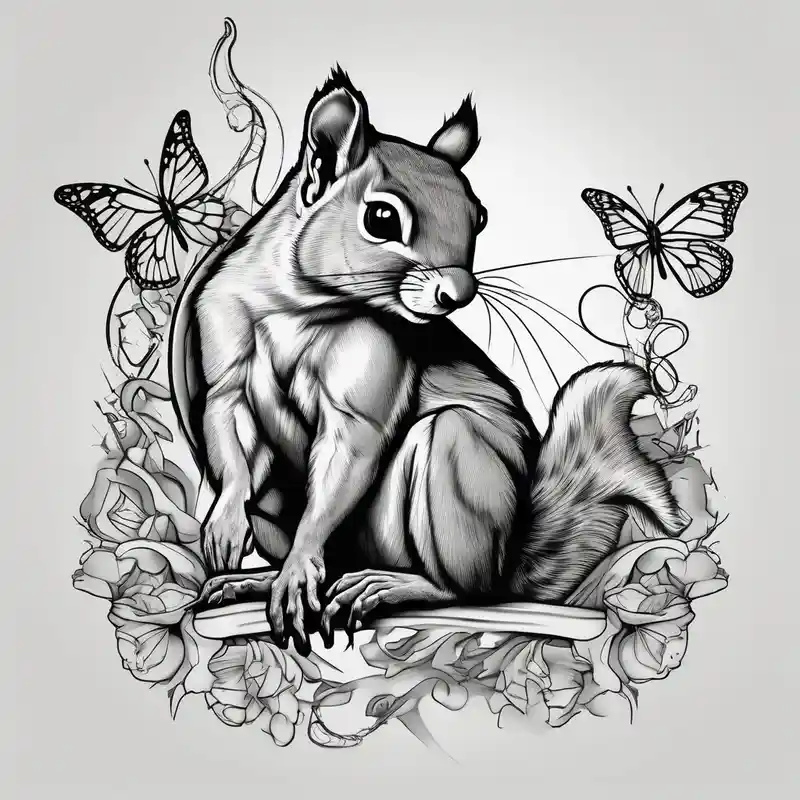 black and white style Old School Tree Tattoo Ideas in 2025 & free generation about A squirrel holding a butterfly butterfly-hand and A squirrel holding a butterfly butterfly-hand