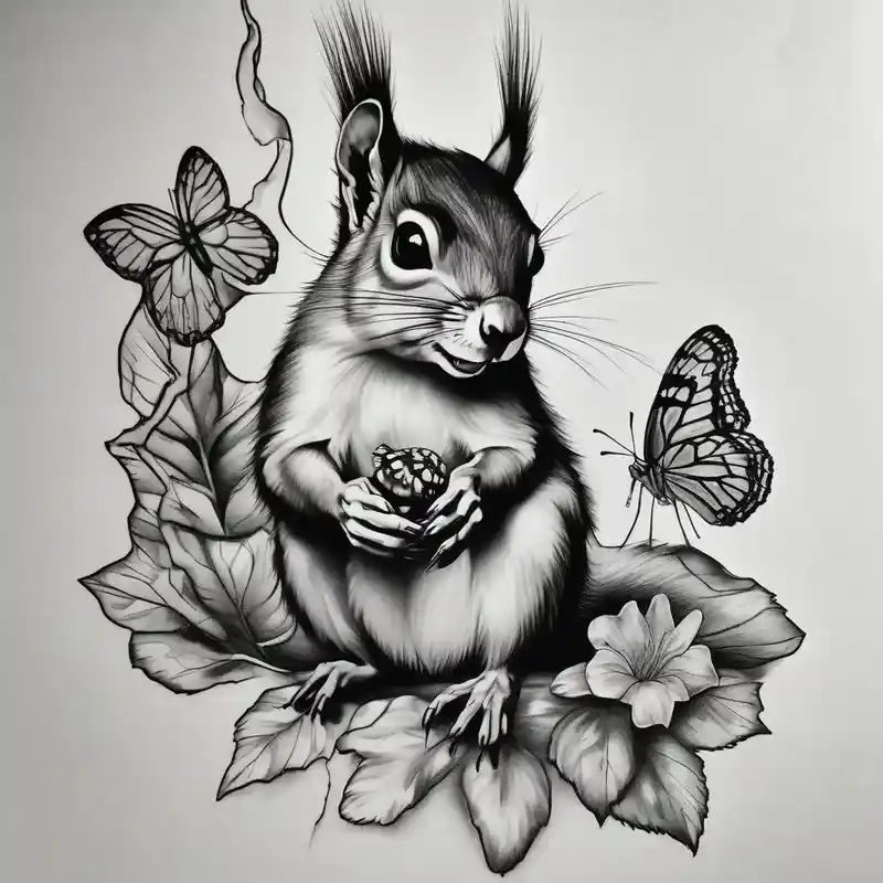 realistic style Butterfly Tattoo Stencil Ideas in 2025 about A Squirrel with a butterfly in hands and A Squirrel with a butterfly in hands