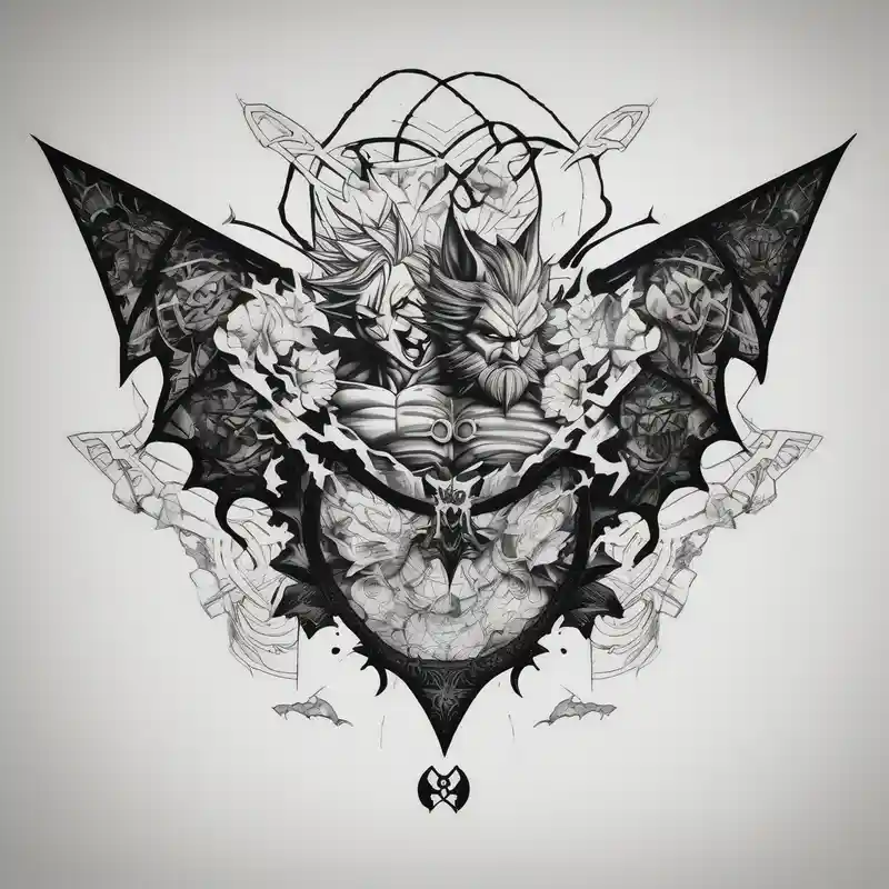 blackwork style Batman Tattoo Ideas in 2025 about Goku and Batman symbol with butterflies and Goku and Batman symbol with butterflies