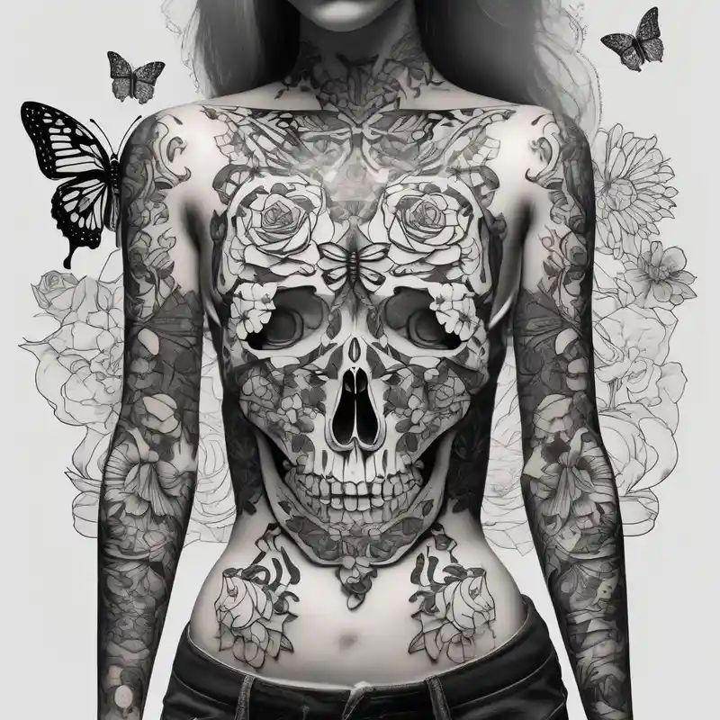 blackwork style セクシーな女性とタトゥー 2025年のタトゥーアイデア about Sexy Skelton  sleeve with butterflies and flowers and Sexy Skelton  sleeve with butterflies and flowers