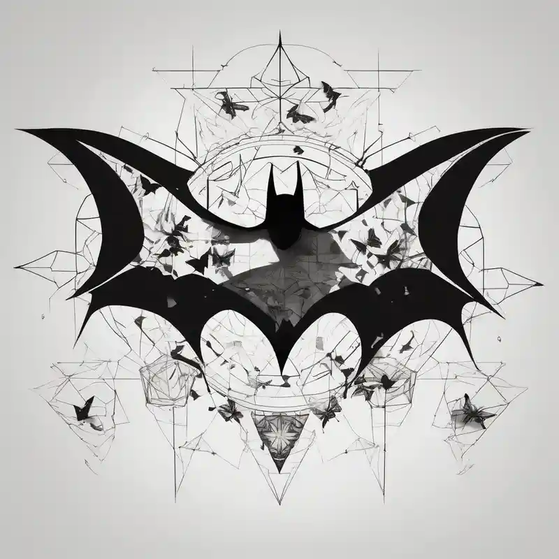 geometric style Batman Tattoo Ideas in 2025 about Batman symbol with butterflies dragonballs all around it for a forearm tattoo and Batman symbol with butterflies dragonballs all around it for a forearm tattoo