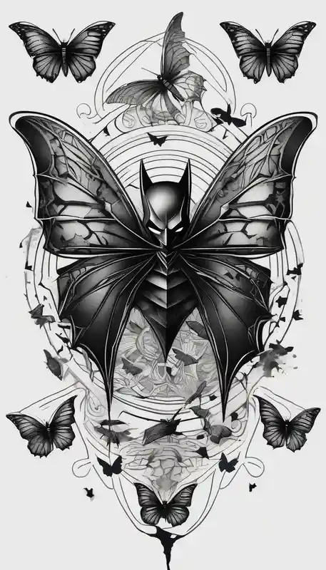 blackwork style Batman Tattoo Ideas in 2025 about Small Batman symbol with 5 butterflies all around it for a forearm tattoo and Small Batman symbol with 5 butterflies all around it for a forearm tattoo