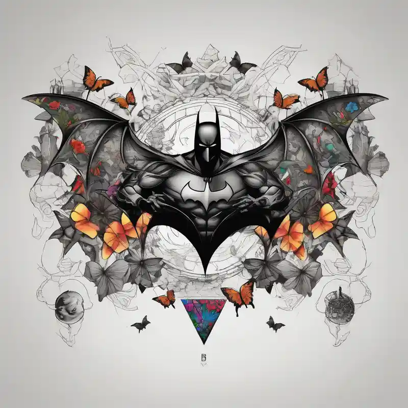 blackwork style Batman Tattoo Ideas in 2025 about Batman symbol with butterflies dragonballs all around it for a forearm tattoo and Batman symbol with butterflies dragonballs all around it for a forearm tattoo