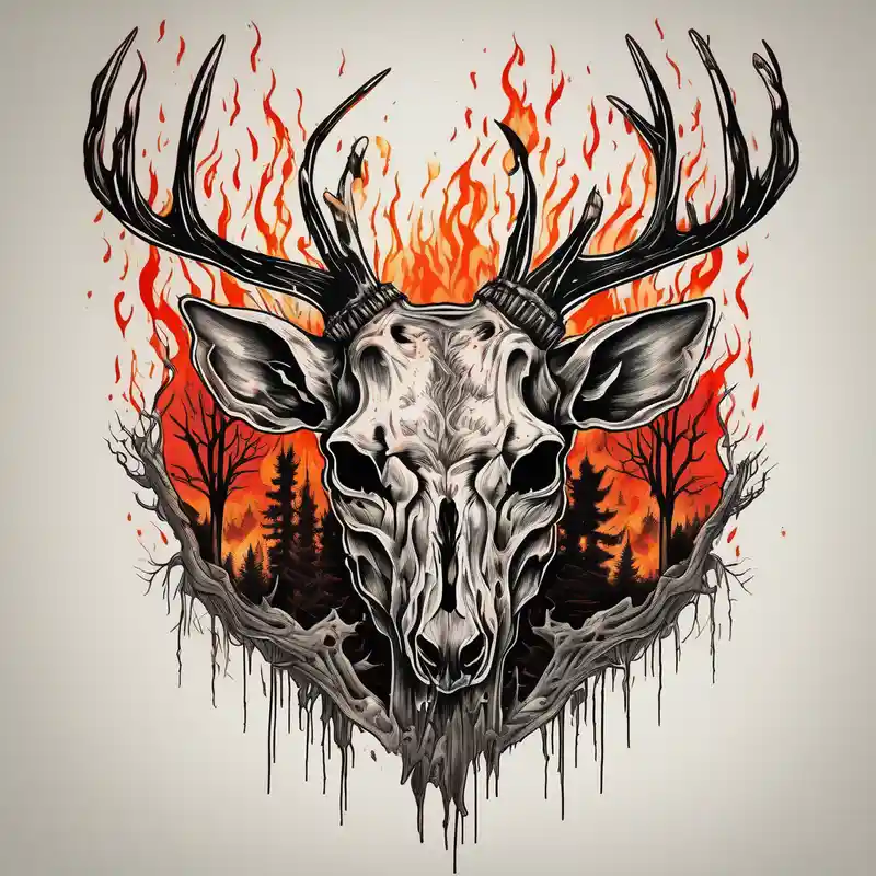 old school style Carcass Logo Tattoo Ideas in 2025 about A frightening horror DECAYING deer carcass JUST BONE FROM THE SIDE surrounded by a forest fire in background carcass-logo and A frightening horror DECAYING deer carcass JUST BONE FROM THE SIDE surrounded by a forest fire in background carcass-logo