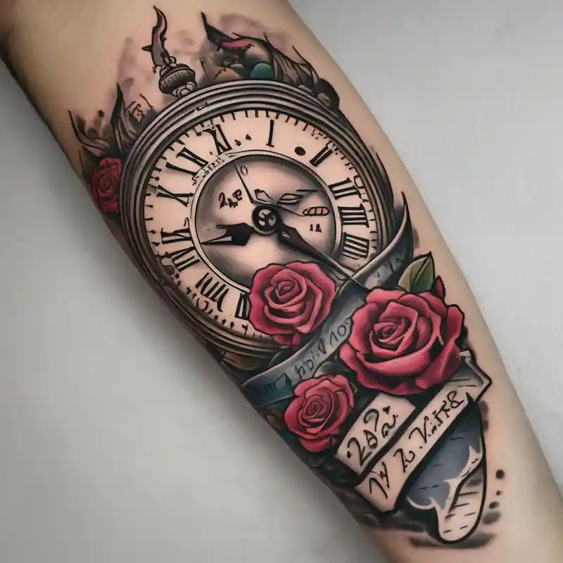 cartoon style Clock Tattoo Ideas in 2025 & free generation about Half arm sleeve memento vivere on the formarm and 24/8 Kobe Bryant La lakers jersey font