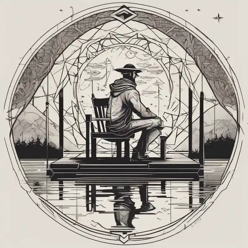 geometric style Ideas de tatuajes de pesca en 2025 about Man with halo  sitting in chair on dock 
fishing in a pond from a distance and Man with halo  sitting in chair on dock 
fishing in a pond from a distance