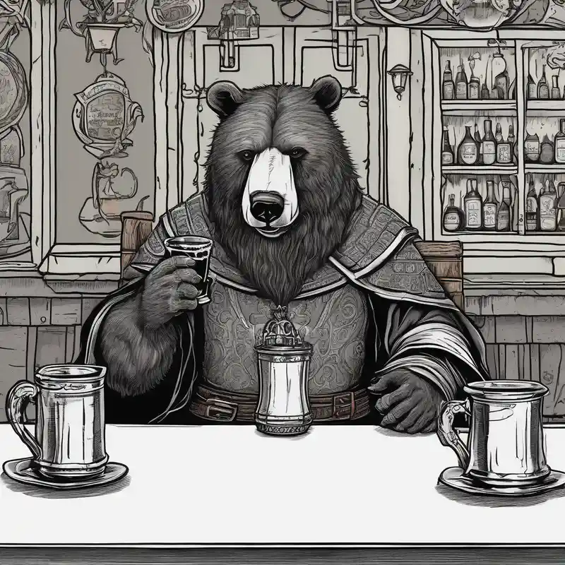 realistic style Idées de tatouages sur la cuisse en 2025 about a medieval bear-human hybrid with a long beard wearing a tunic and coif and drinking from a pewter mug in a tavern and sitting in a chair