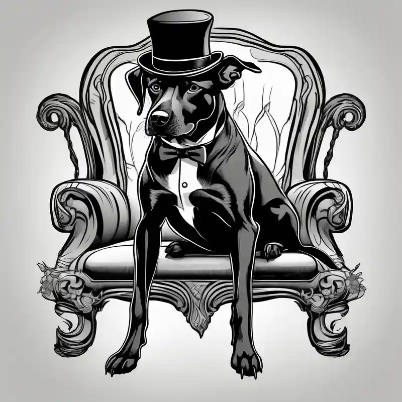 old school style Chair Tattoo Ideas in 2025 about Black dog in a suit is sitting on a chair in a hat and Black dog in a suit is sitting on a chair in a hat