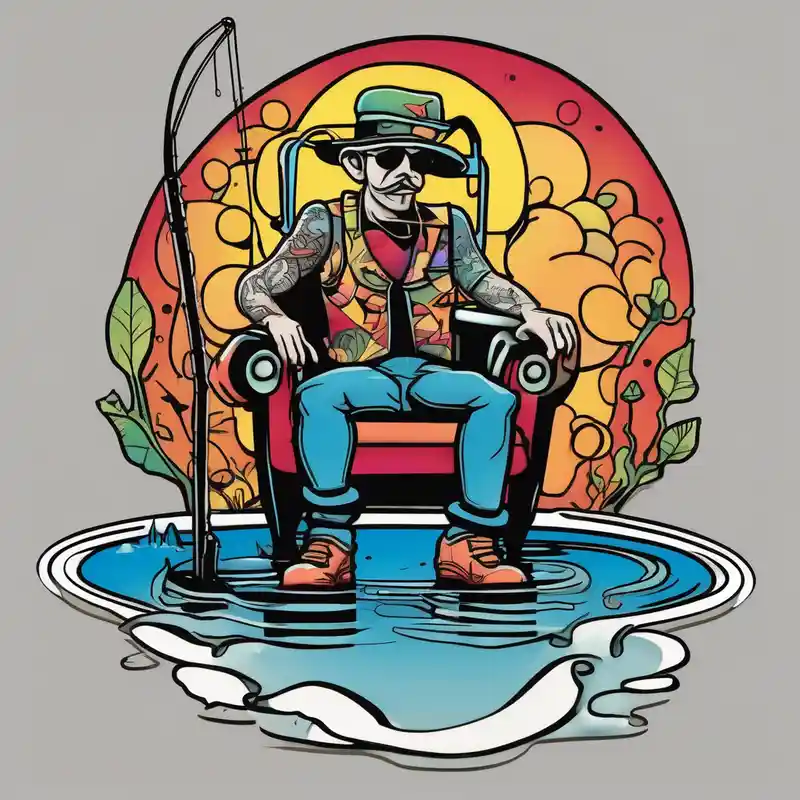 cartoon style Fishing Tattoo Ideas in 2025 about Man with halo  sitting in chair fishing in a pond from a distance and Man with halo  sitting in chair fishing in a pond from a distance