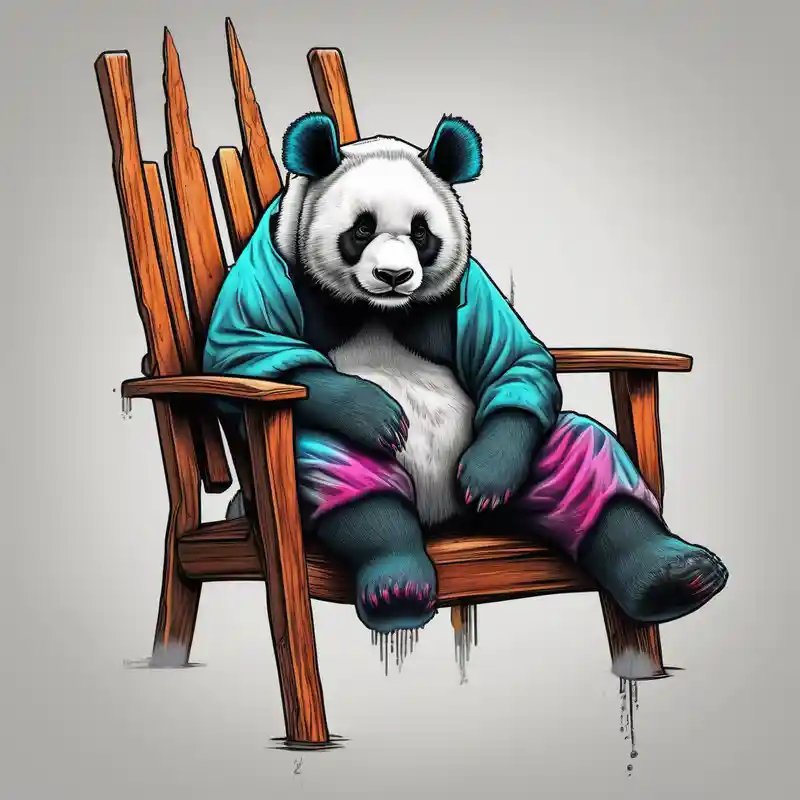 A panda hanging over a small wooden chair, while exhaling like its finally done with a big task