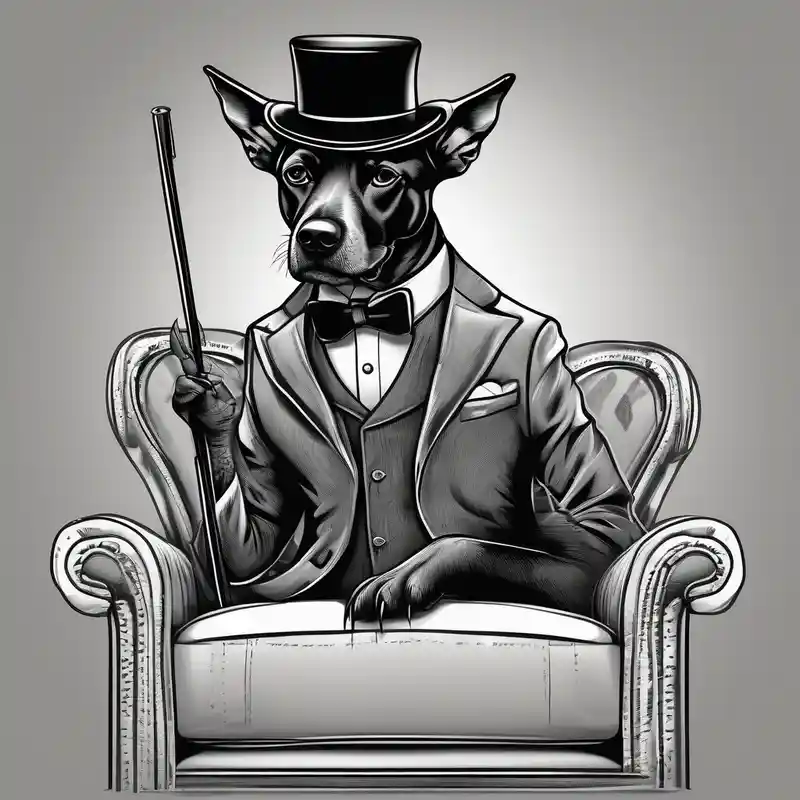 black and white style Chair Tattoo Ideas in 2025 about Black dog in a suit is sitting on a chair in a hat with a cane and Black dog in a suit is sitting on a chair in a hat with a cane