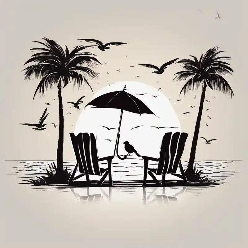 minimalist style Ideas de tatuajes de playa en 2025 about Beach scene with 2 chairs and umbrella and palm tree with bird silhouettes in the sky and Beach scene with 2 chairs and umbrella and palm tree with bird silhouettes in the sky