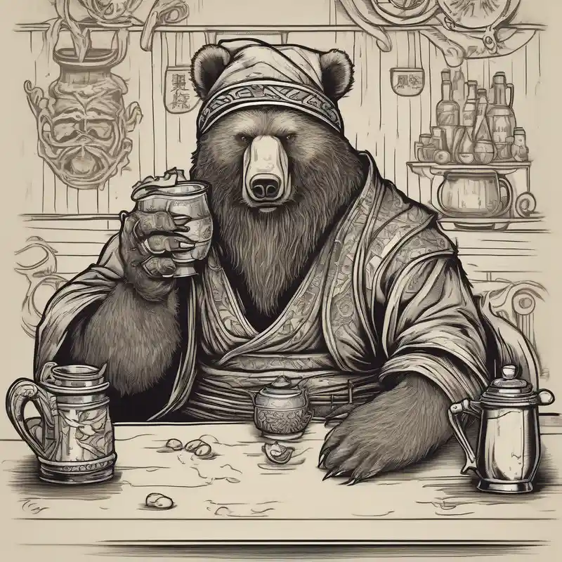 japanese style Idées de tatouages sur la cuisse en 2025 about a bear-human hybrid with a long beard wearing a tunic and Phrygian cap and drinking from a pewter mug in a tavern and sitting in a chair