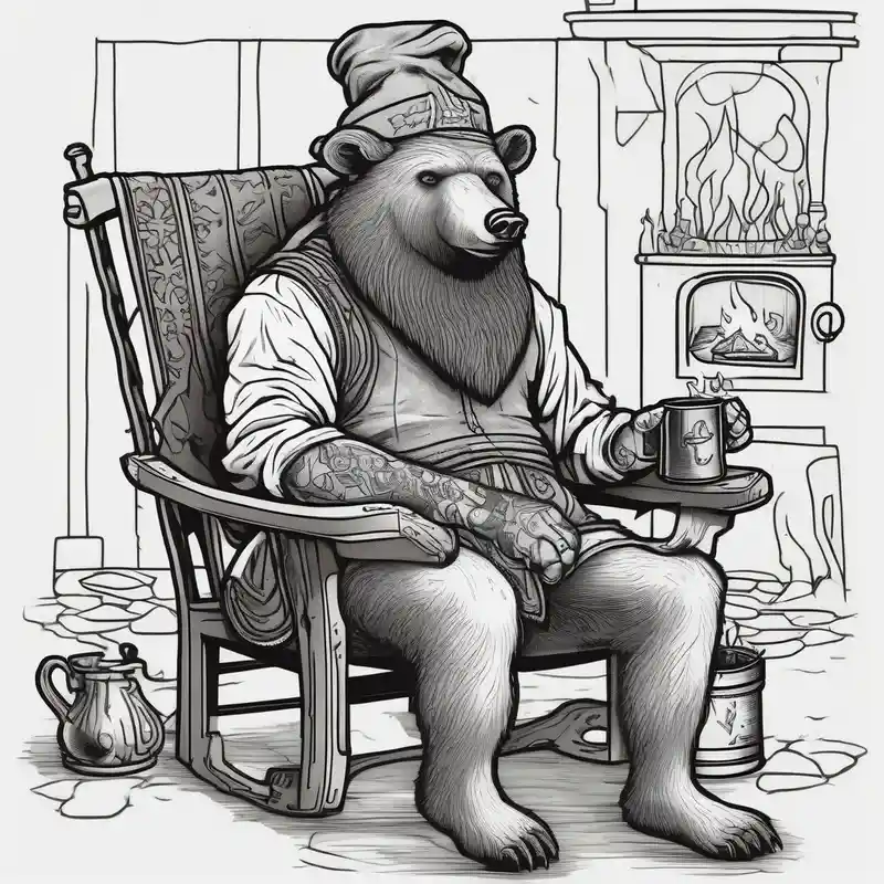 old school style Chair Tattoo Ideas in 2025 about a bear-human hybrid with a long beard wearing a tunic and Phrygian cap and sitting in a chair by a hearth