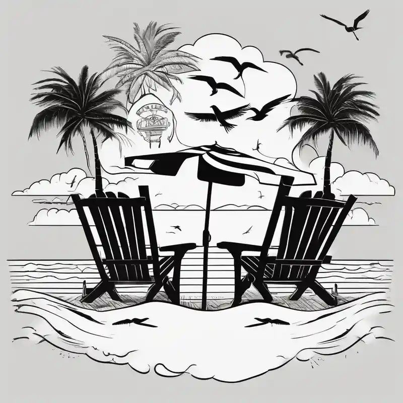 blackwork style Chair Tattoo Ideas in 2025 about Beach scene with 2 chairs and umbrella and palm tree with bird silhouettes in the sky and Beach scene with 2 chairs and umbrella and palm tree with bird silhouettes in the sky