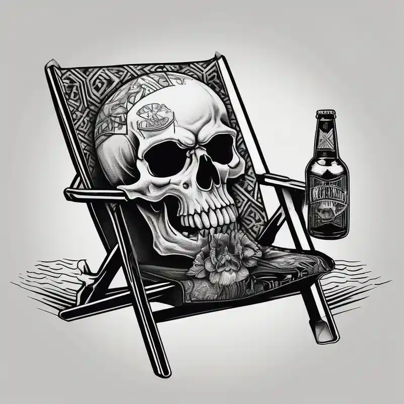 blackwork style Idées de tatouages de plage en 2025 about Skull body smoke on the beach sitting in a beach chair with a beer in its hand and Skull body smoke on the beach sitting in a beach chair with a beer in its hand