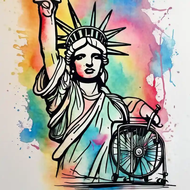 watercolor style Idées de tatouages sur la cuisse en 2025 about Statue of Liberty handcuffed in a wheel chair and Statue of Liberty handcuffed in a wheel chair