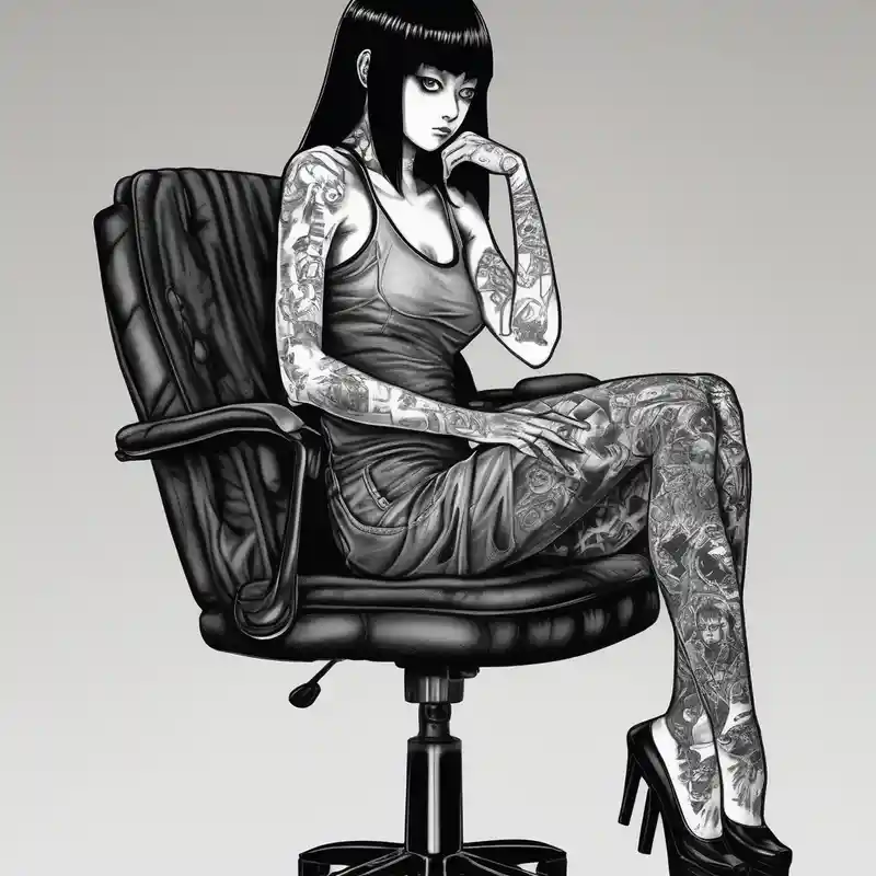 black and white style Idées de tatouages sur la cuisse en 2025 about Portrait of tomie sitting on a chair. Tomie is a character of the autor junji ito and Portrait of tomie sitting on a chair. Tomie is a character of the autor junji ito