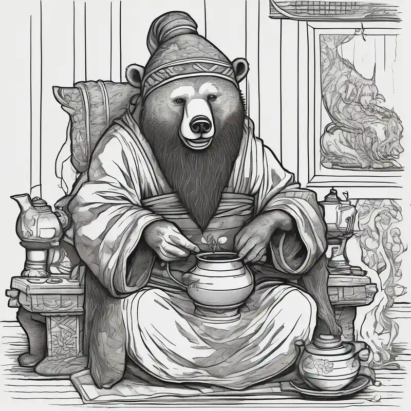 japanese style Idées de tatouages sur la cuisse en 2025 about a bear-human hybrid with a long beard wearing a tunic and Phrygian cap and sitting in a chair by a hearth